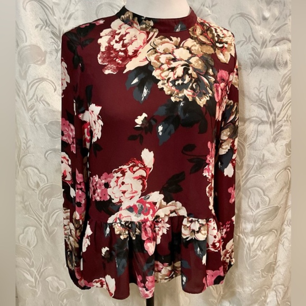 Loft Burgundy Floral Long Sleeve Top